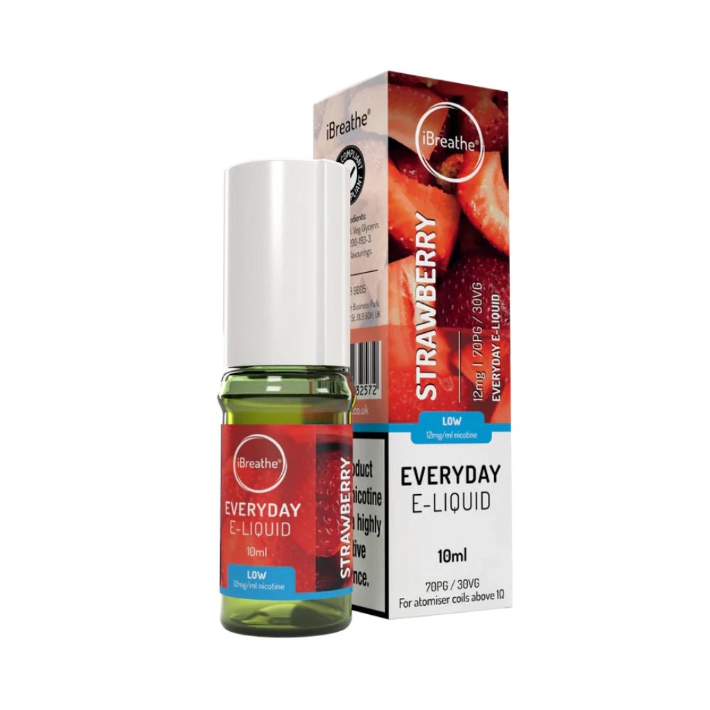 iBreathe e-liquid bottle in "Strawberry" flavour with packaging on a white background.
