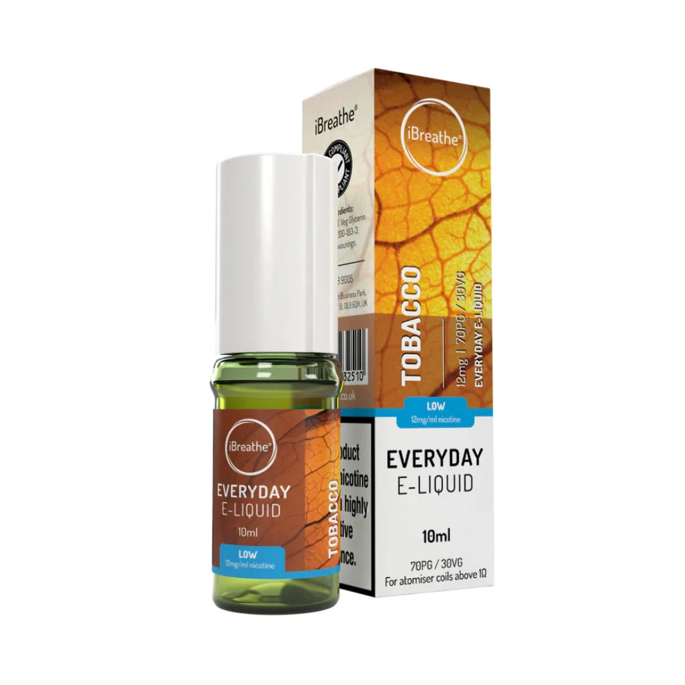 iBreathe e-liquid bottle in "Tobacco" flavour with packaging on a white background.