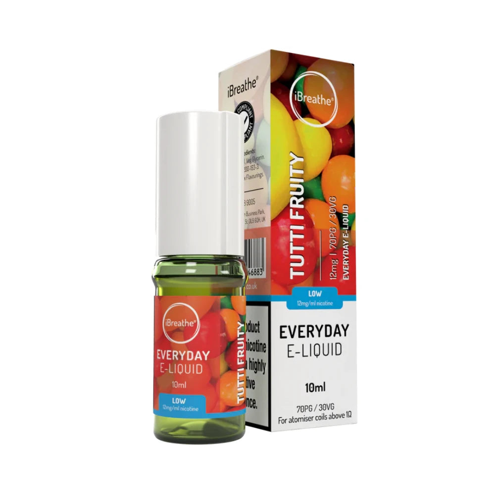 iBreathe e-liquid bottle in "Tutti Fruity" flavour with packaging on a white background.