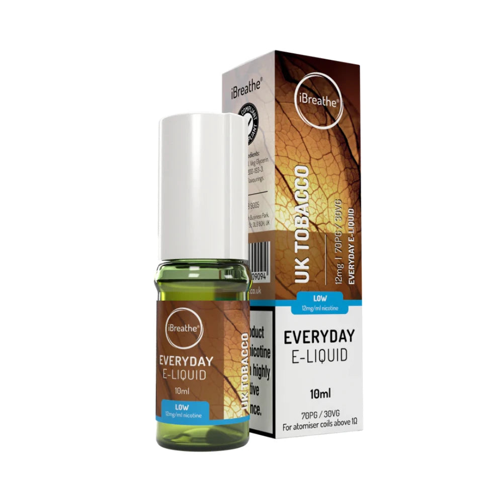 iBreathe e-liquid bottle in "UK Tobacco" flavour with packaging on a white background.