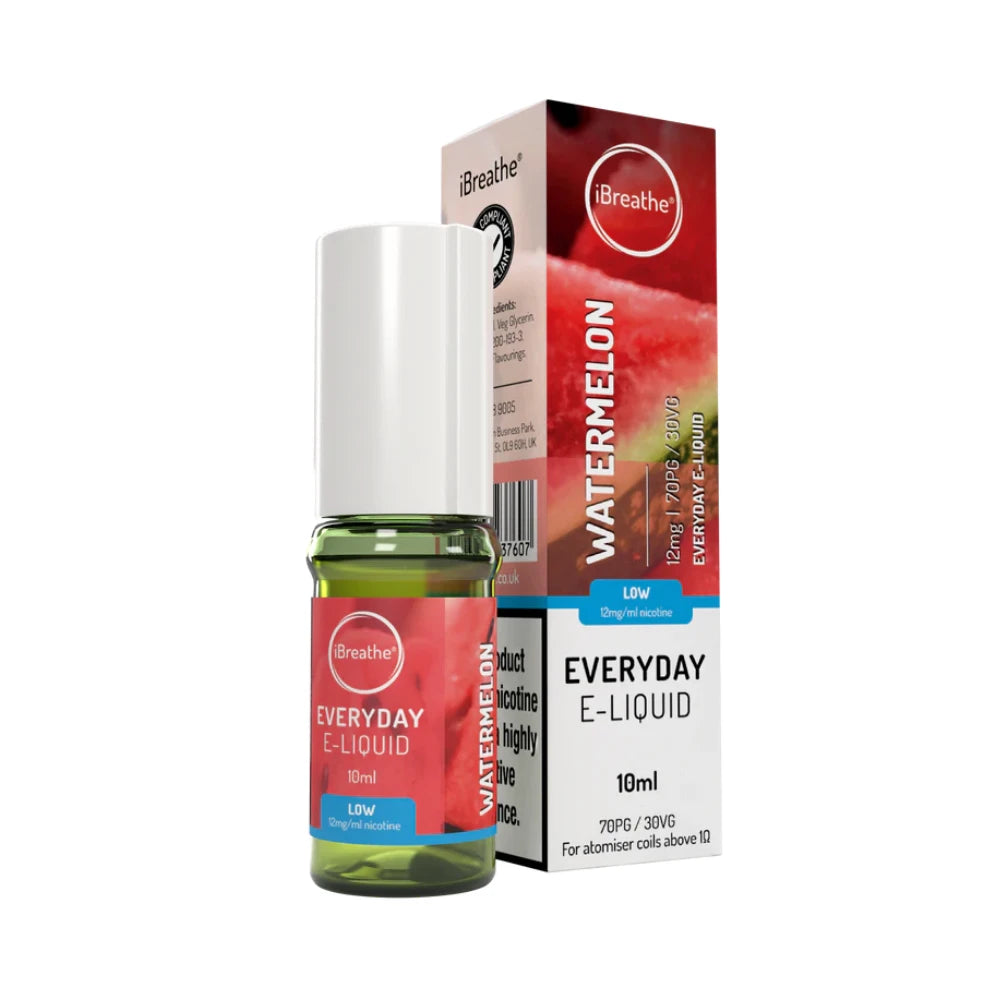 iBreathe e-liquid bottle in "Watermelon" flavour with packaging on a white background.