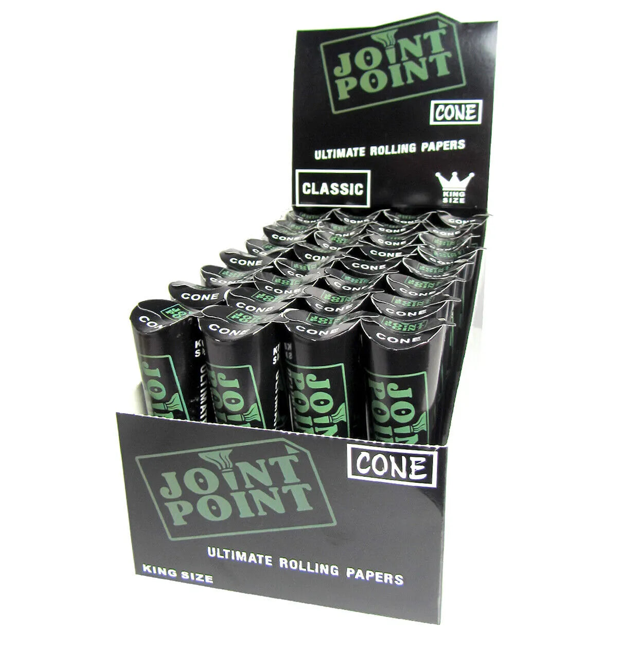 Joint Point king size cones in a black box of 32 with green text on a white background