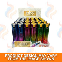 Display of 30 colourful jet lighters with Krico branding on a white background