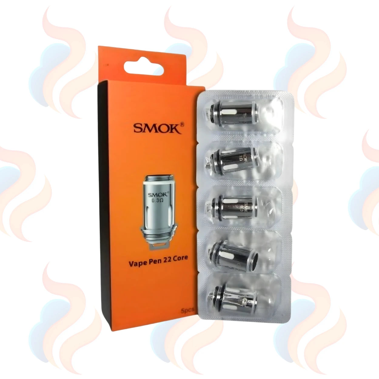 SMOK vape pen 22 core packaging with orange box and clear blister pack on white background